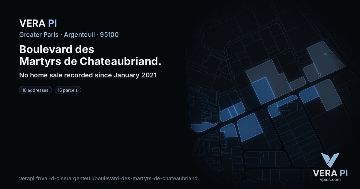 Boulevard des Martyrs de Chateaubriand, Argenteuil at night – every parcel coloured by the prices around it, the street's own parcels lit
