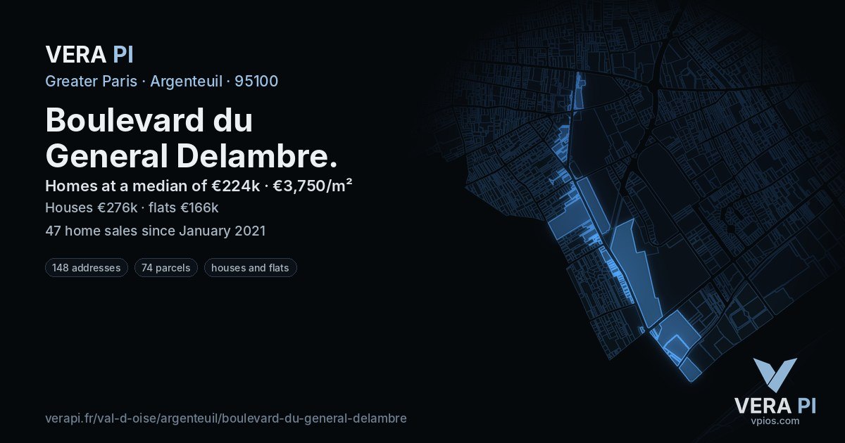 Boulevard du General Delambre, Argenteuil at night – every parcel coloured by the prices around it, the street's own parcels lit