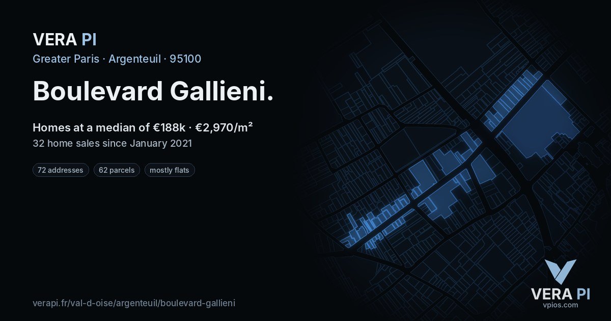 Boulevard Gallieni, Argenteuil at night – every parcel coloured by the prices around it, the street's own parcels lit
