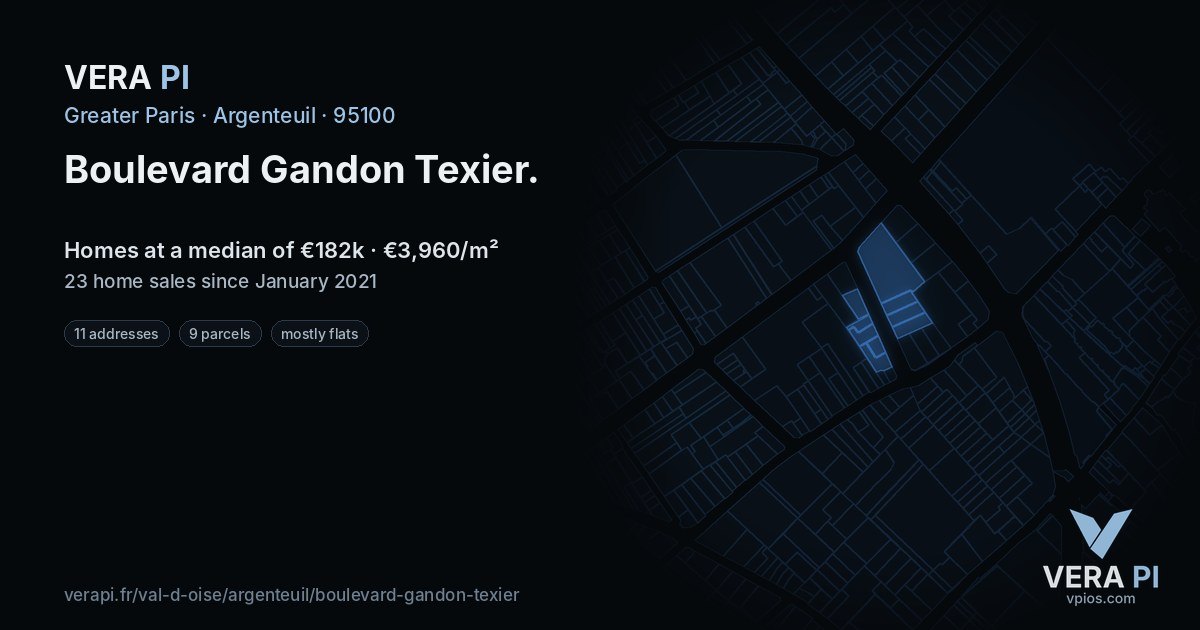 Boulevard Gandon Texier, Argenteuil at night – every parcel coloured by the prices around it, the street's own parcels lit
