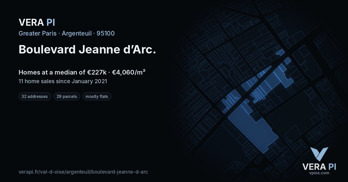 Boulevard Jeanne d’Arc, Argenteuil at night – every parcel coloured by the prices around it, the street's own parcels lit