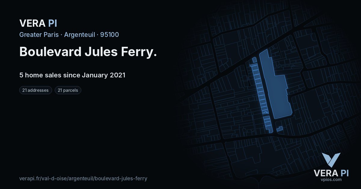 Boulevard Jules Ferry, Argenteuil at night – every parcel coloured by the prices around it, the street's own parcels lit