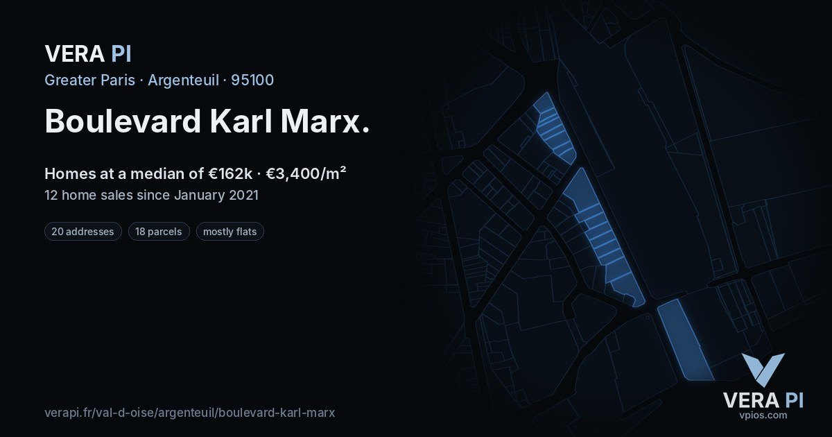 Boulevard Karl Marx, Argenteuil at night – every parcel coloured by the prices around it, the street's own parcels lit