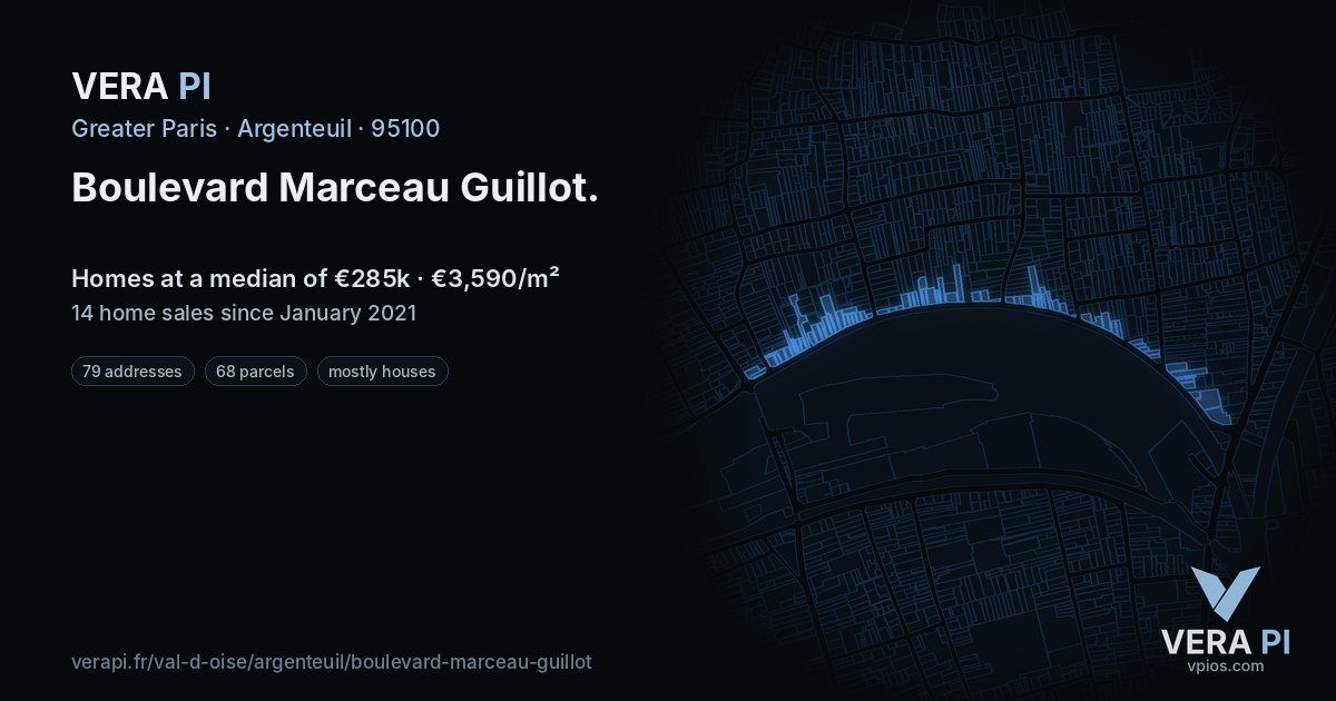 Boulevard Marceau Guillot, Argenteuil at night – every parcel coloured by the prices around it, the street's own parcels lit