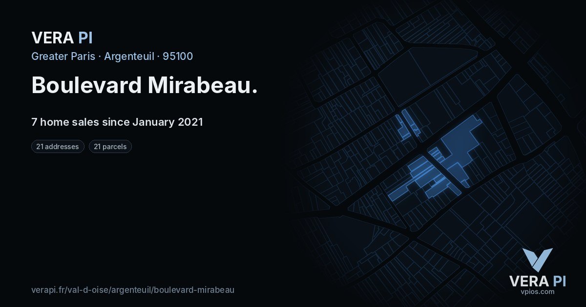 Boulevard Mirabeau, Argenteuil at night – every parcel coloured by the prices around it, the street's own parcels lit