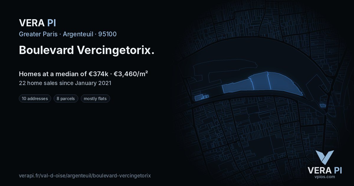 Boulevard Vercingetorix, Argenteuil at night – every parcel coloured by the prices around it, the street's own parcels lit