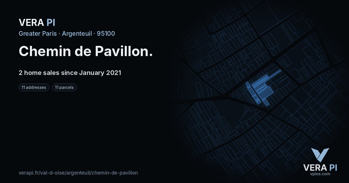 Chemin de Pavillon, Argenteuil at night – every parcel coloured by the prices around it, the street's own parcels lit