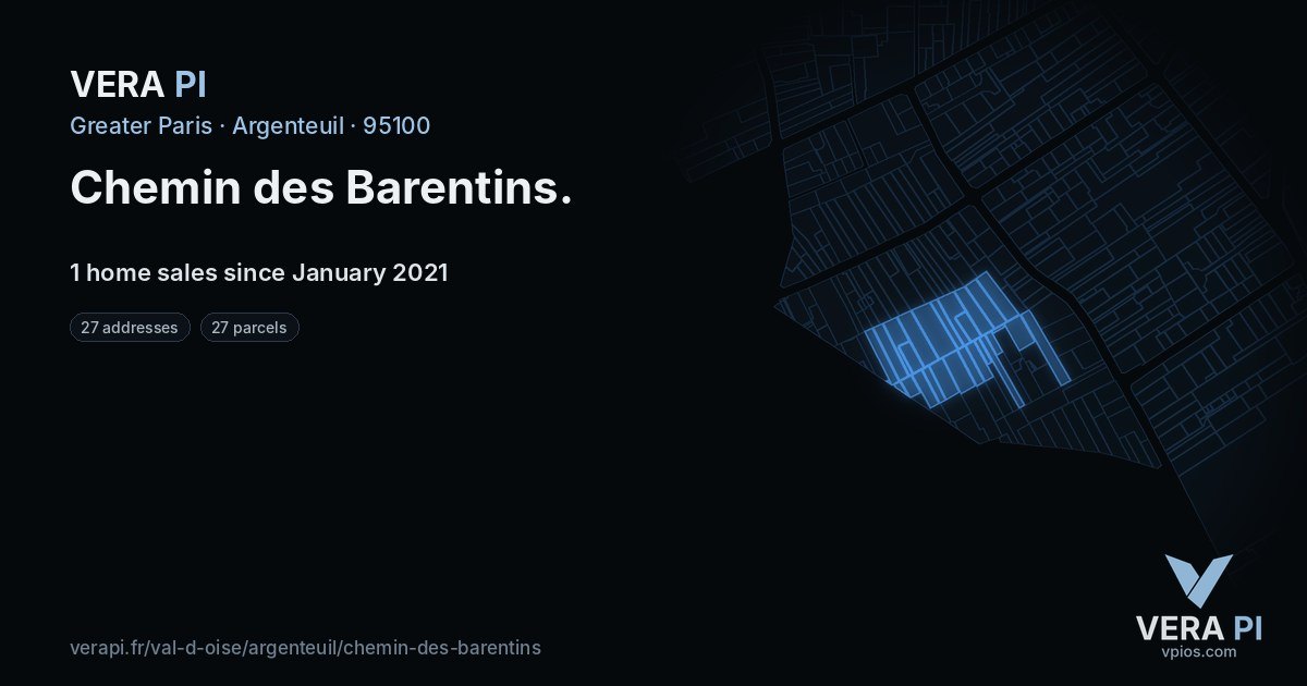 Chemin des Barentins, Argenteuil at night – every parcel coloured by the prices around it, the street's own parcels lit