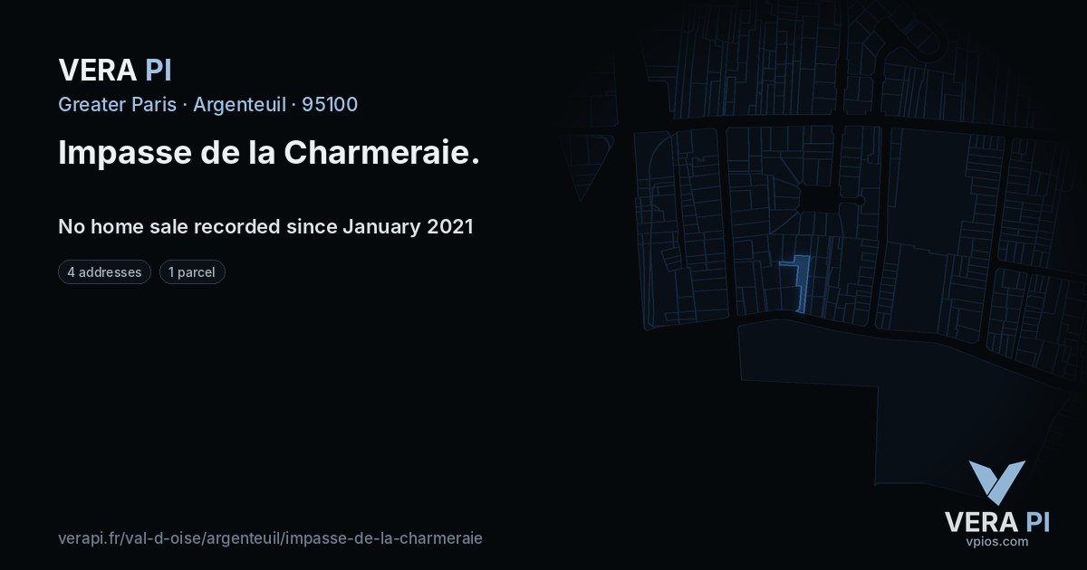 Impasse de la Charmeraie, Argenteuil at night – every parcel coloured by the prices around it, the street's own parcels lit