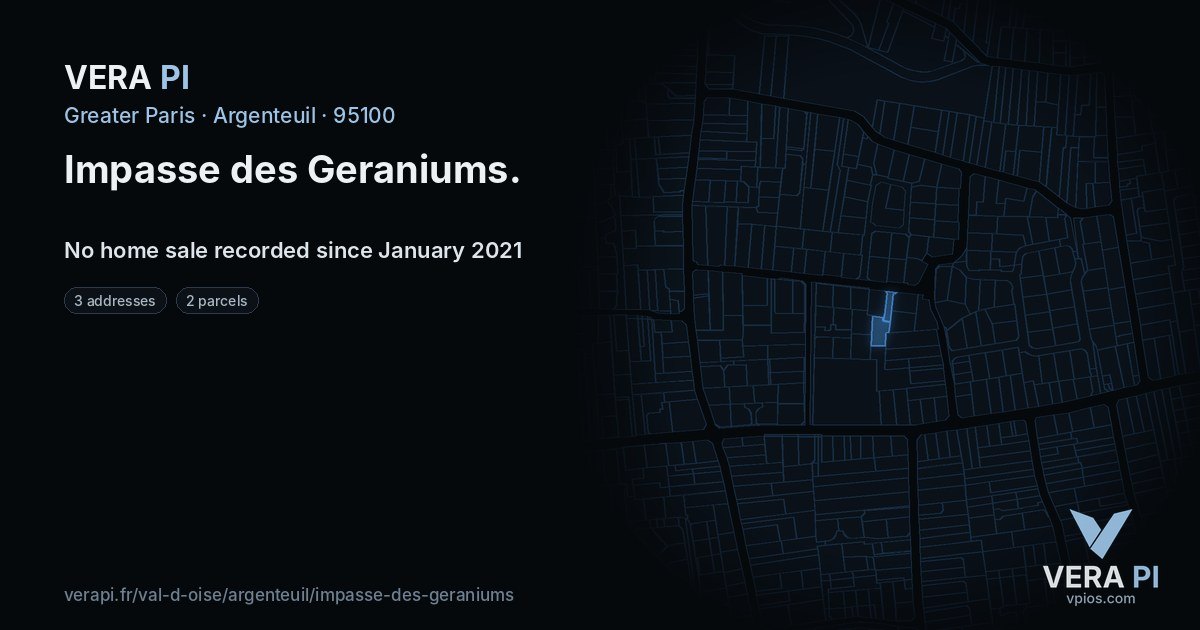 Impasse des Geraniums, Argenteuil at night – every parcel coloured by the prices around it, the street's own parcels lit