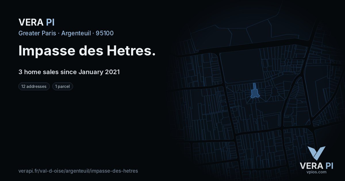 Impasse des Hetres, Argenteuil at night – every parcel coloured by the prices around it, the street's own parcels lit