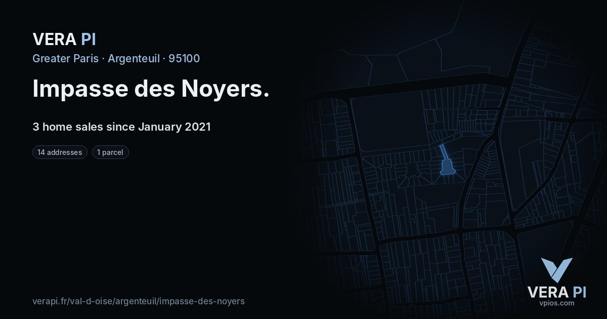 Impasse des Noyers, Argenteuil at night – every parcel coloured by the prices around it, the street's own parcels lit