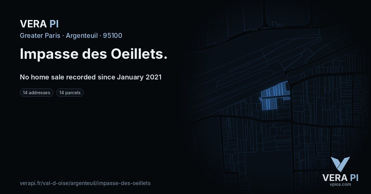 Impasse des Oeillets, Argenteuil at night – every parcel coloured by the prices around it, the street's own parcels lit