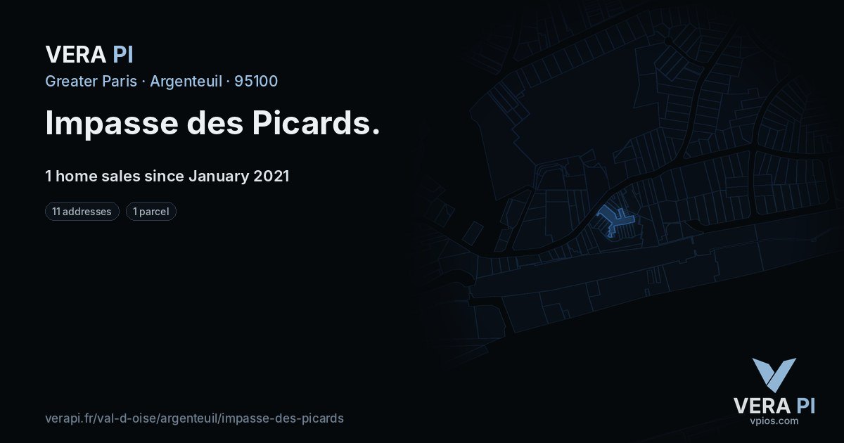 Impasse des Picards, Argenteuil at night – every parcel coloured by the prices around it, the street's own parcels lit