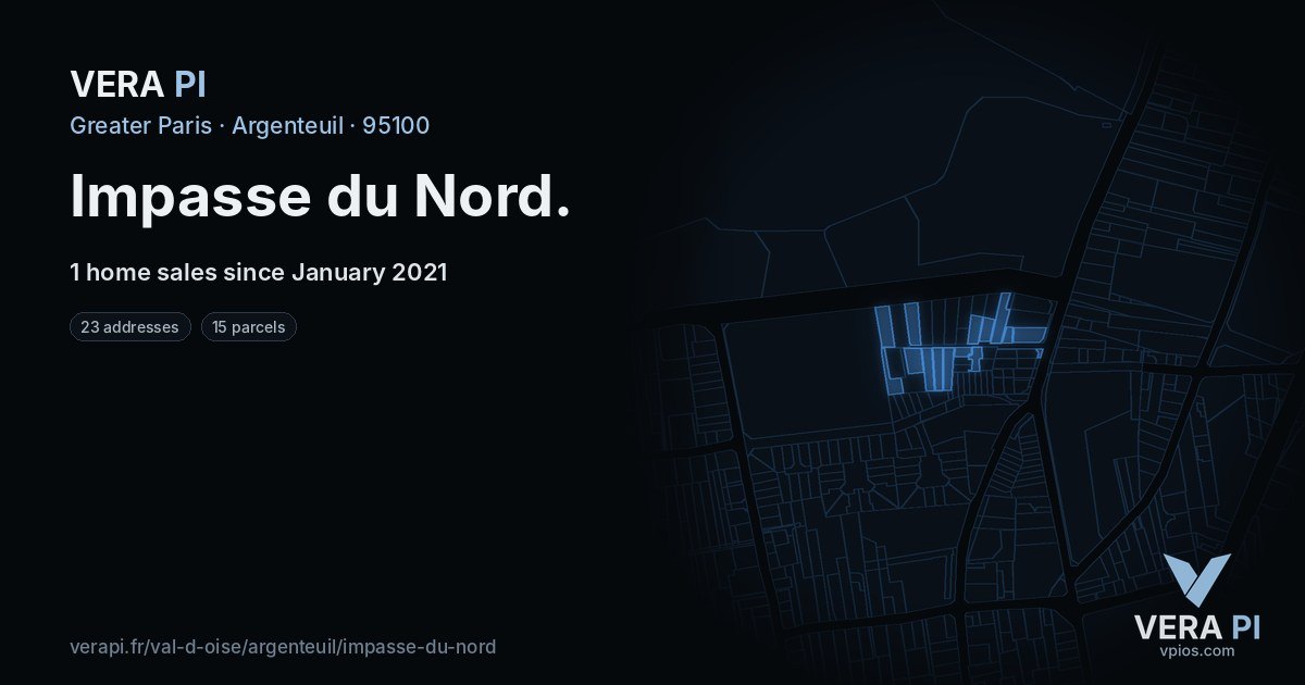 Impasse du Nord, Argenteuil at night – every parcel coloured by the prices around it, the street's own parcels lit
