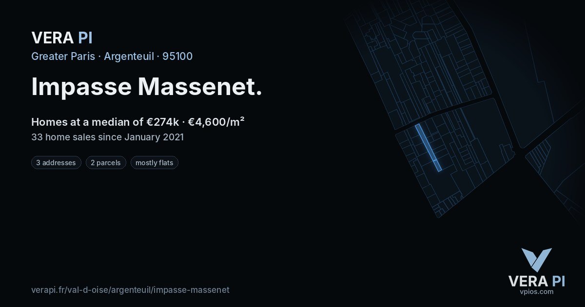 Impasse Massenet, Argenteuil at night – every parcel coloured by the prices around it, the street's own parcels lit