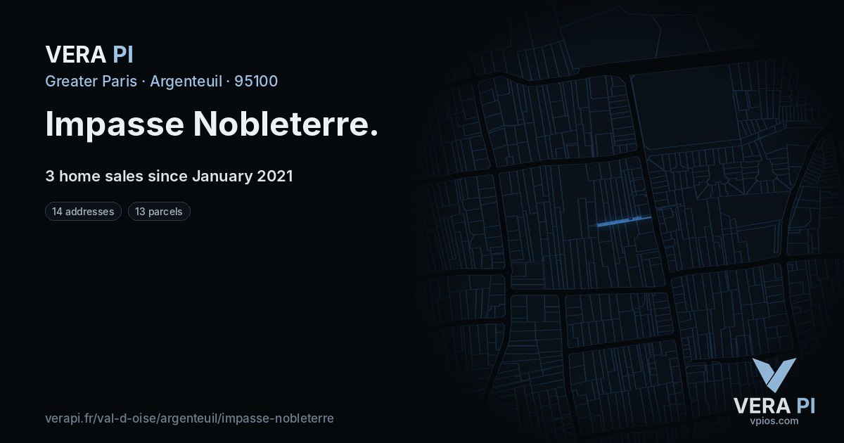 Impasse Nobleterre, Argenteuil at night – every parcel coloured by the prices around it, the street's own parcels lit