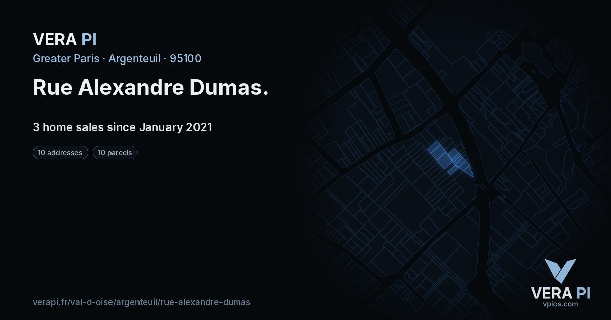Rue Alexandre Dumas, Argenteuil at night – every parcel coloured by the prices around it, the street's own parcels lit