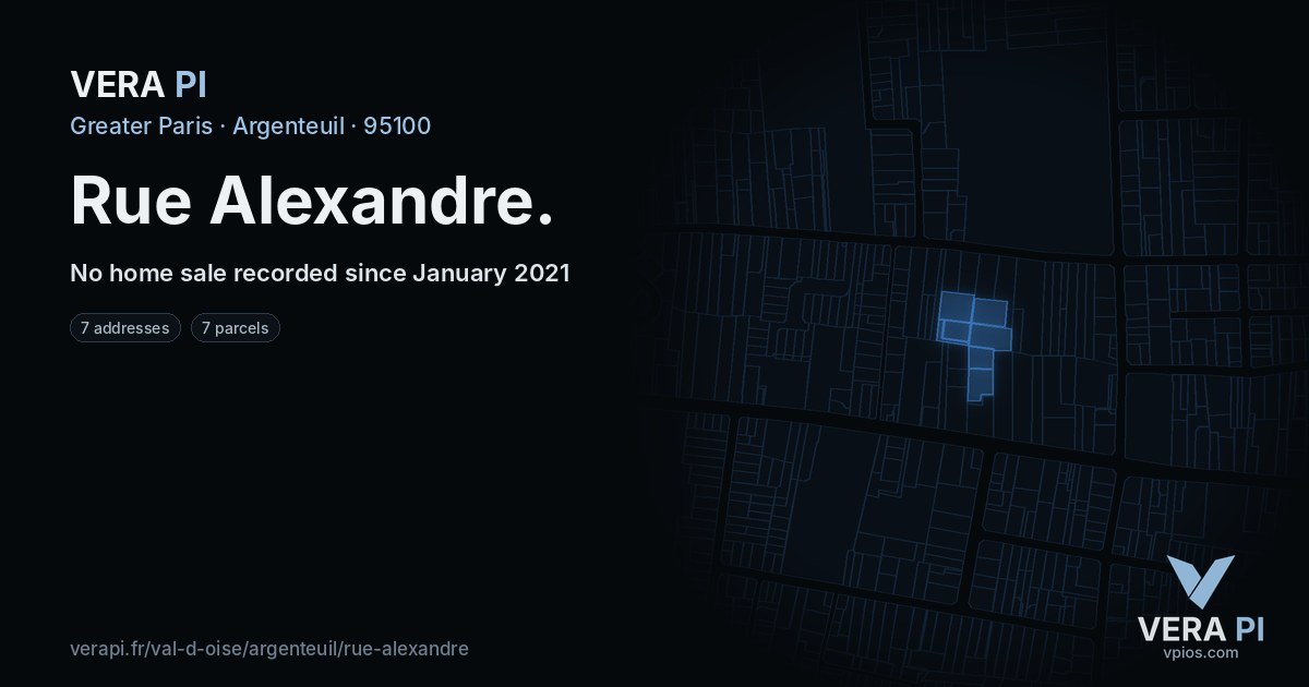 Rue Alexandre, Argenteuil at night – every parcel coloured by the prices around it, the street's own parcels lit