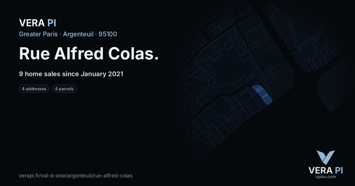 Rue Alfred Colas, Argenteuil at night – every parcel coloured by the prices around it, the street's own parcels lit
