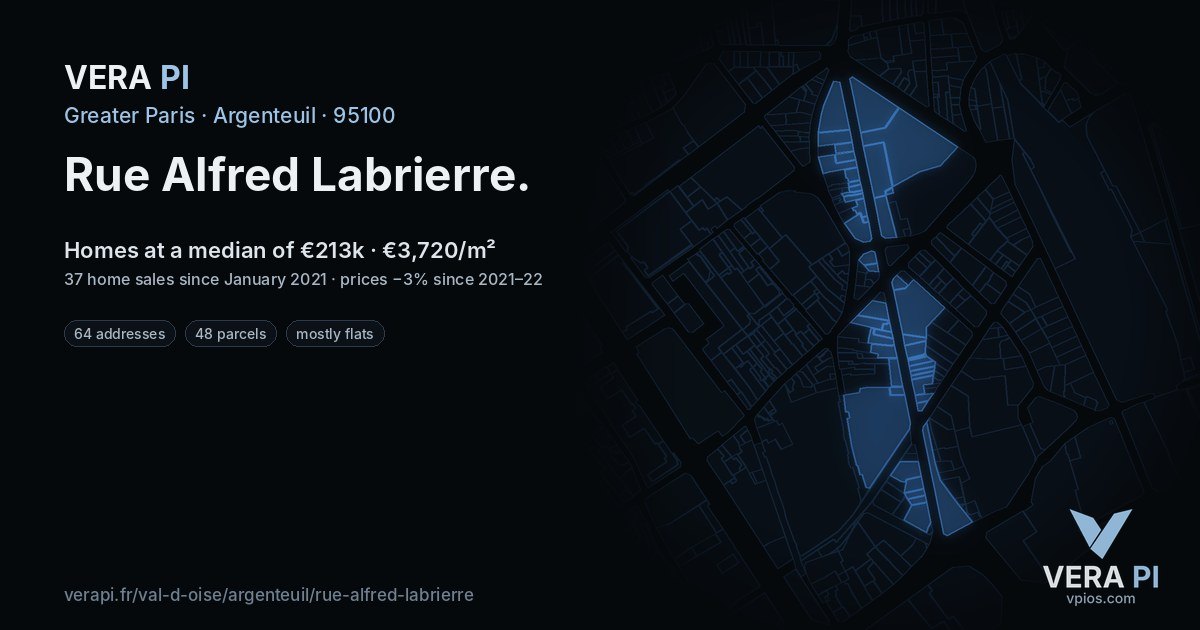 Rue Alfred Labrierre, Argenteuil at night – every parcel coloured by the prices around it, the street's own parcels lit