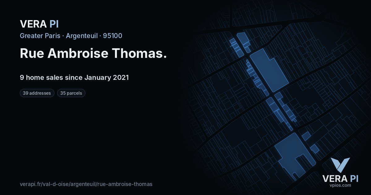 Rue Ambroise Thomas, Argenteuil at night – every parcel coloured by the prices around it, the street's own parcels lit