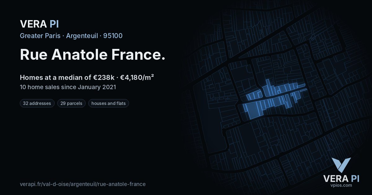 Rue Anatole France, Argenteuil at night – every parcel coloured by the prices around it, the street's own parcels lit