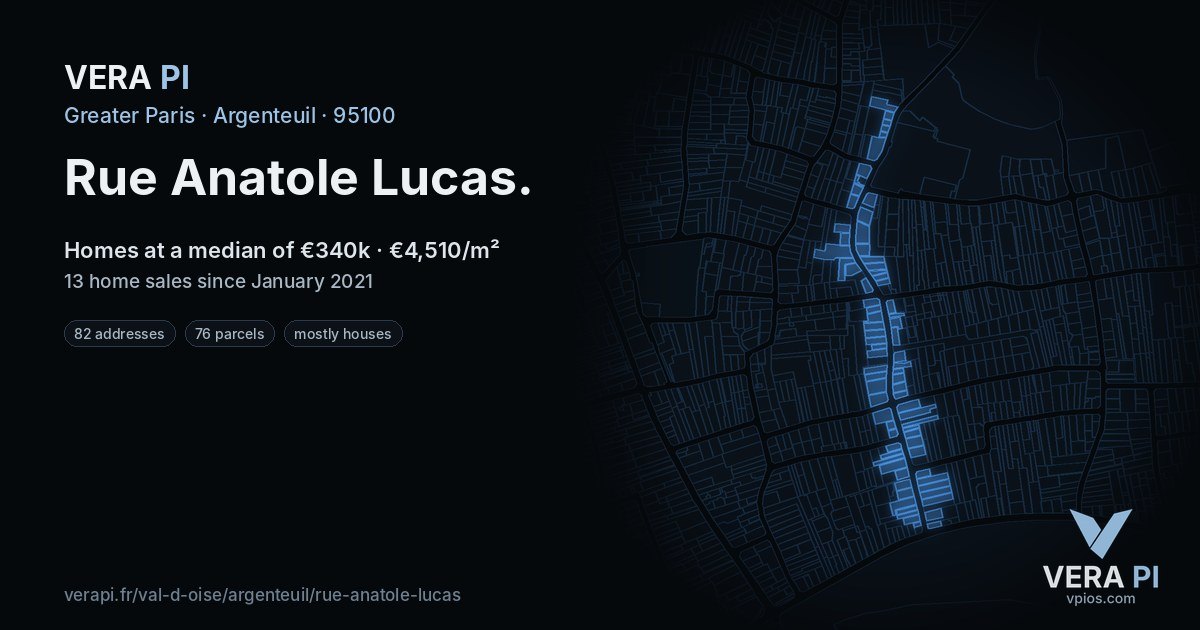 Rue Anatole Lucas, Argenteuil at night – every parcel coloured by the prices around it, the street's own parcels lit