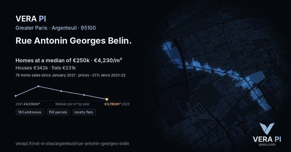 Rue Antonin Georges Belin, Argenteuil at night – every parcel coloured by the prices around it, the street's own parcels lit