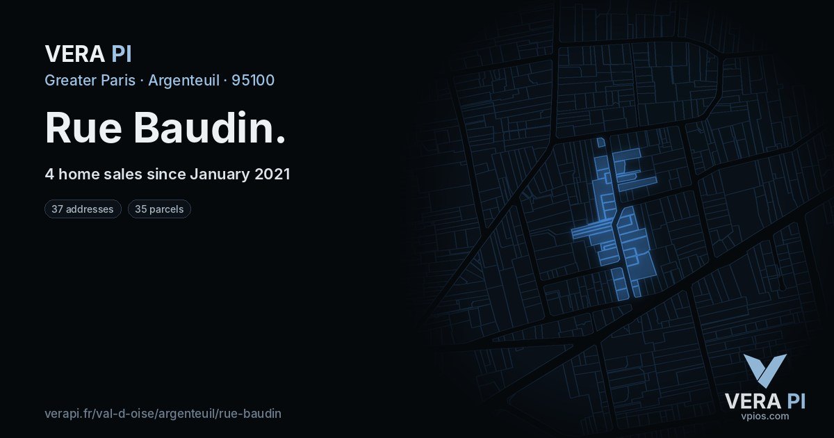 Rue Baudin, Argenteuil at night – every parcel coloured by the prices around it, the street's own parcels lit