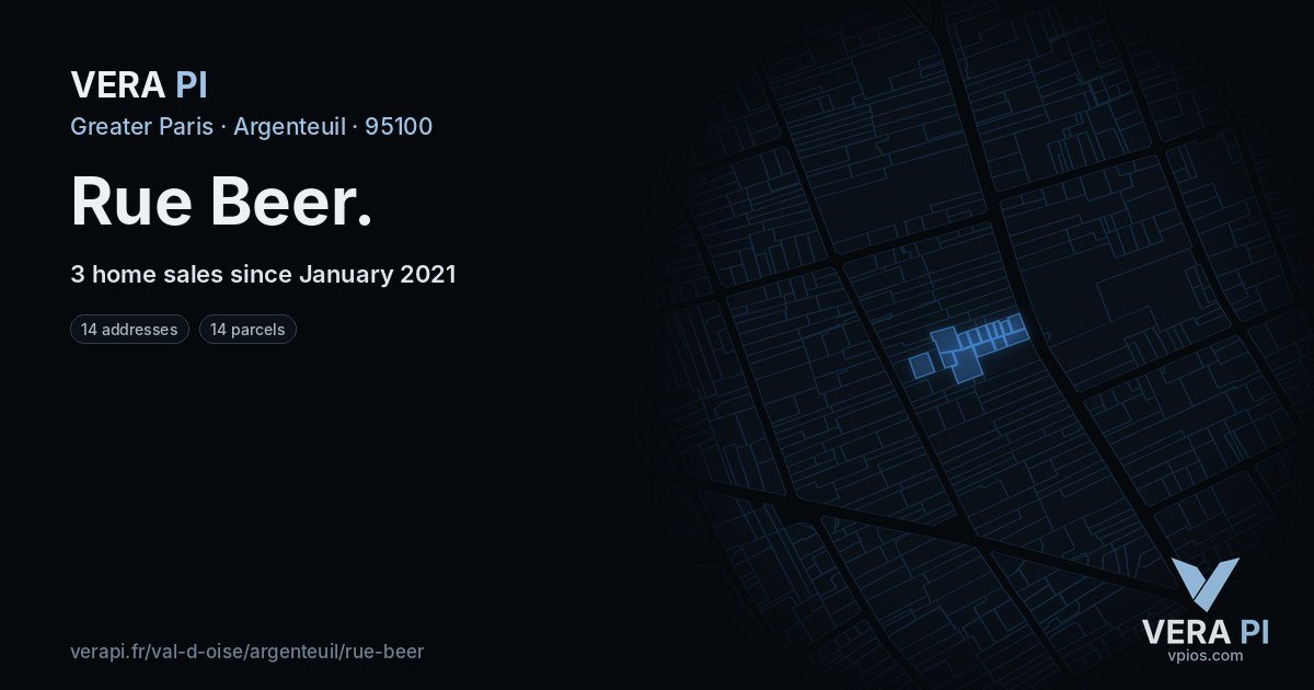 Rue Beer, Argenteuil at night – every parcel coloured by the prices around it, the street's own parcels lit