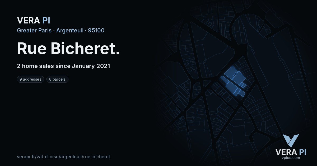 Rue Bicheret, Argenteuil at night – every parcel coloured by the prices around it, the street's own parcels lit