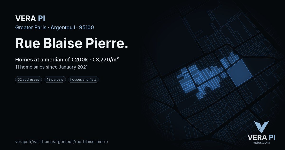 Rue Blaise Pierre, Argenteuil at night – every parcel coloured by the prices around it, the street's own parcels lit