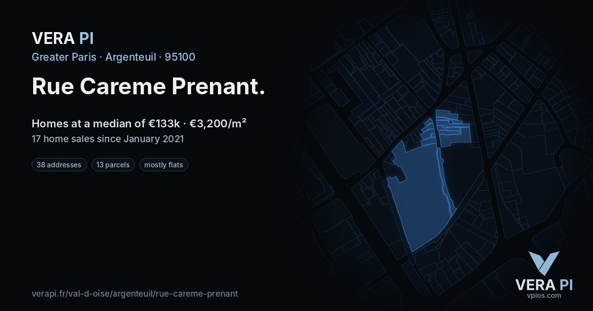 Rue Careme Prenant, Argenteuil at night – every parcel coloured by the prices around it, the street's own parcels lit