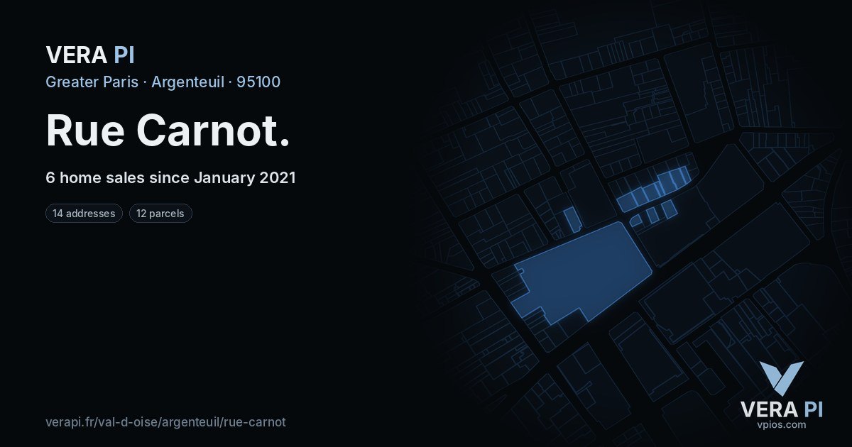 Rue Carnot, Argenteuil at night – every parcel coloured by the prices around it, the street's own parcels lit