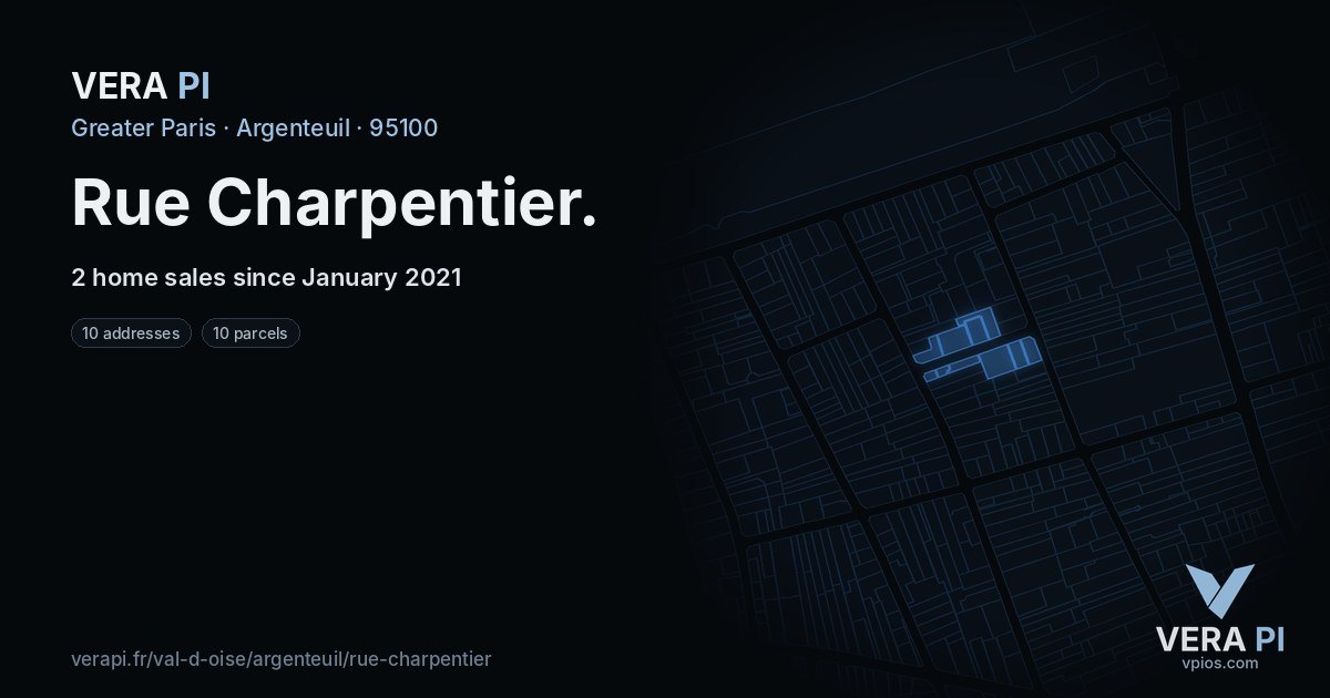 Rue Charpentier, Argenteuil at night – every parcel coloured by the prices around it, the street's own parcels lit