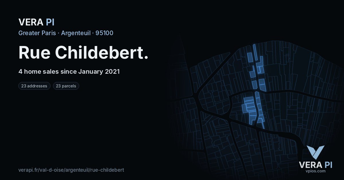 Rue Childebert, Argenteuil at night – every parcel coloured by the prices around it, the street's own parcels lit