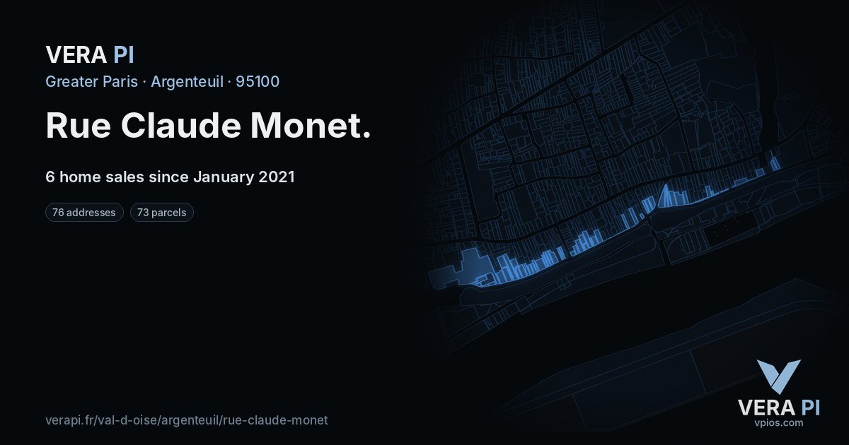 Rue Claude Monet, Argenteuil at night – every parcel coloured by the prices around it, the street's own parcels lit
