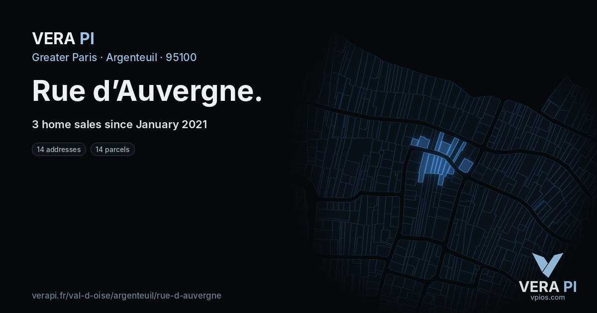 Rue d’Auvergne, Argenteuil at night – every parcel coloured by the prices around it, the street's own parcels lit