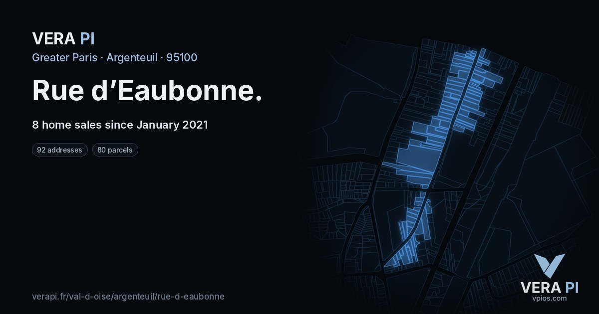 Rue d’Eaubonne, Argenteuil at night – every parcel coloured by the prices around it, the street's own parcels lit