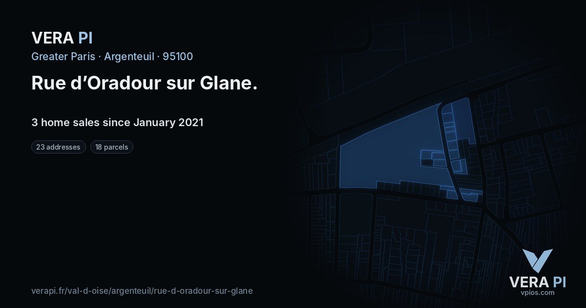 Rue d’Oradour sur Glane, Argenteuil at night – every parcel coloured by the prices around it, the street's own parcels lit