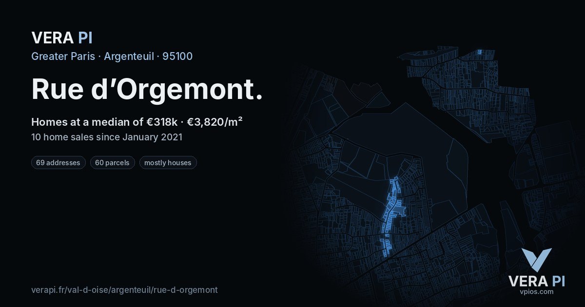 Rue d’Orgemont, Argenteuil at night – every parcel coloured by the prices around it, the street's own parcels lit