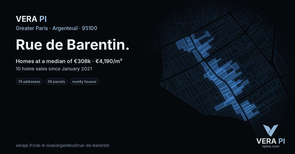 Rue de Barentin, Argenteuil at night – every parcel coloured by the prices around it, the street's own parcels lit