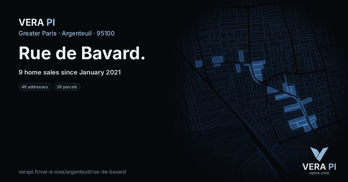 Rue de Bavard, Argenteuil at night – every parcel coloured by the prices around it, the street's own parcels lit