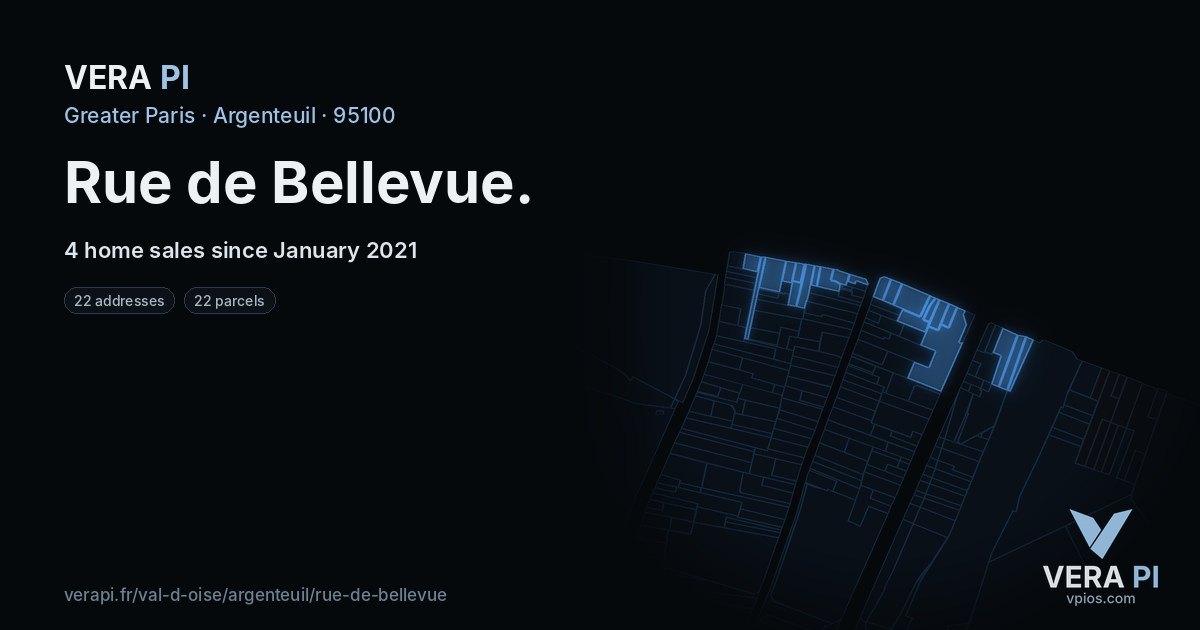 Rue de Bellevue, Argenteuil at night – every parcel coloured by the prices around it, the street's own parcels lit