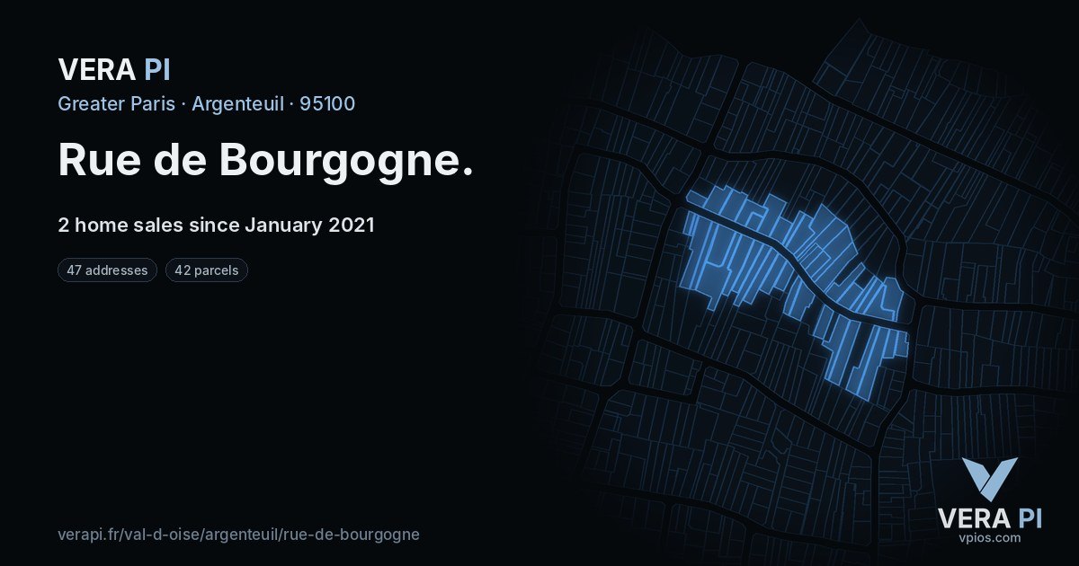 Rue de Bourgogne, Argenteuil at night – every parcel coloured by the prices around it, the street's own parcels lit