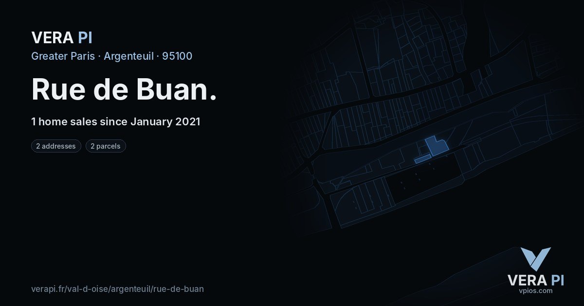Rue de Buan, Argenteuil at night – every parcel coloured by the prices around it, the street's own parcels lit