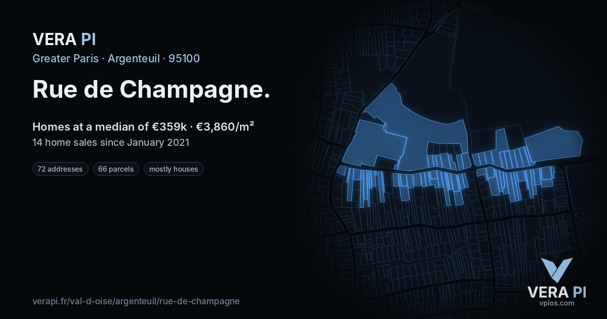 Rue de Champagne, Argenteuil at night – every parcel coloured by the prices around it, the street's own parcels lit
