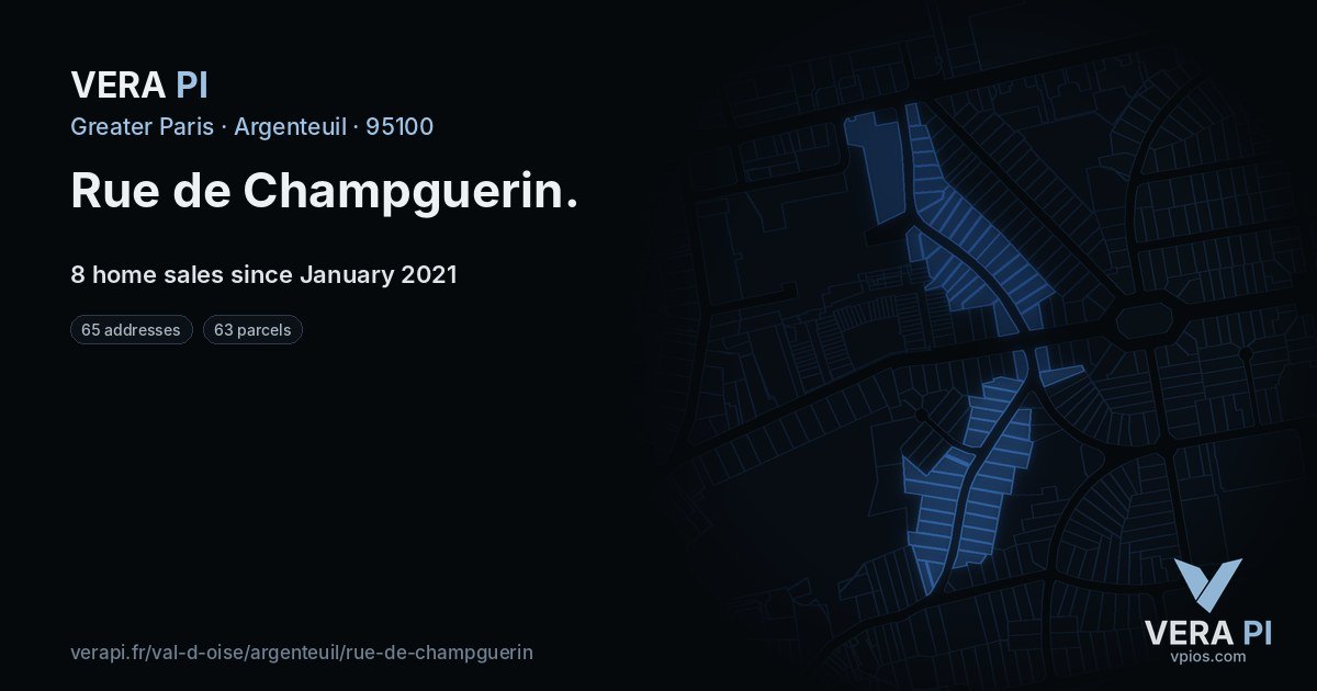 Rue de Champguerin, Argenteuil at night – every parcel coloured by the prices around it, the street's own parcels lit