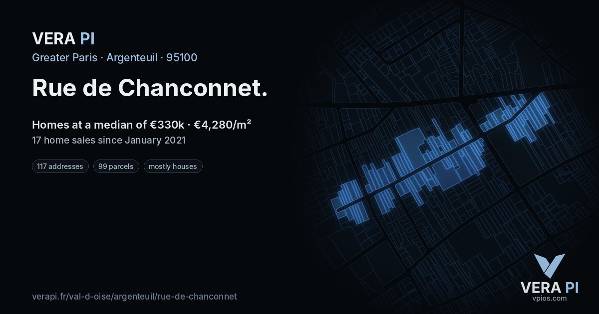 Rue de Chanconnet, Argenteuil at night – every parcel coloured by the prices around it, the street's own parcels lit